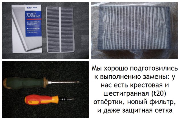 A set of materials and tools for replacing the cabin filter of VAZ-2192/94